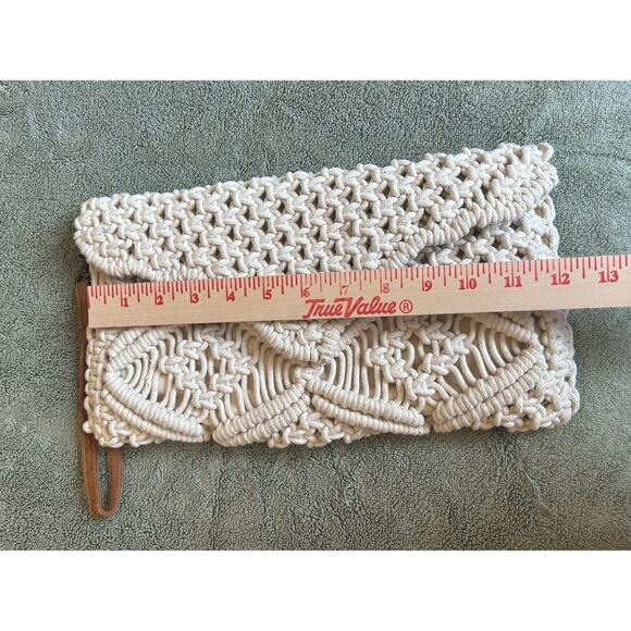 Macrame Lined Hand Bag Cream Clutch Purse Leather Strap Made In India Preloved - Picture 8 of 10
